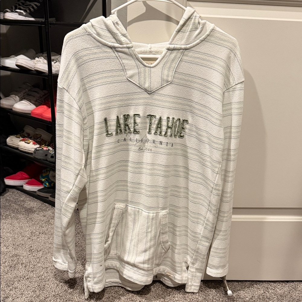 Striped White Hoodie with Lake Tahoe Embroidery
